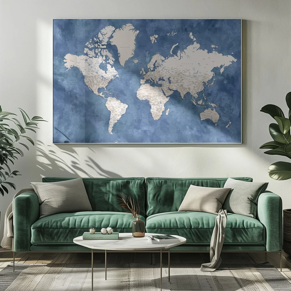 Världskarta som poster i blå akvarell över en grön soffa – Wallinspo